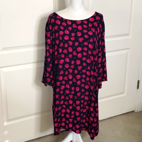 ellos dark navy and pink floral print boxy style dress size 24, 3/4 split sleeve - Picture 1 of 15
